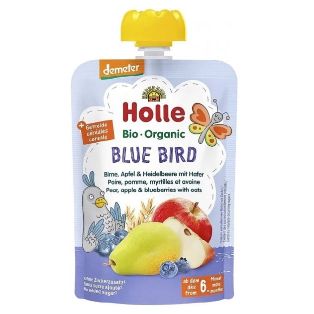 Пюре Holle Blue Bird, з грушею, яблуком, чорницею та вівсом, 100 г - фото 1