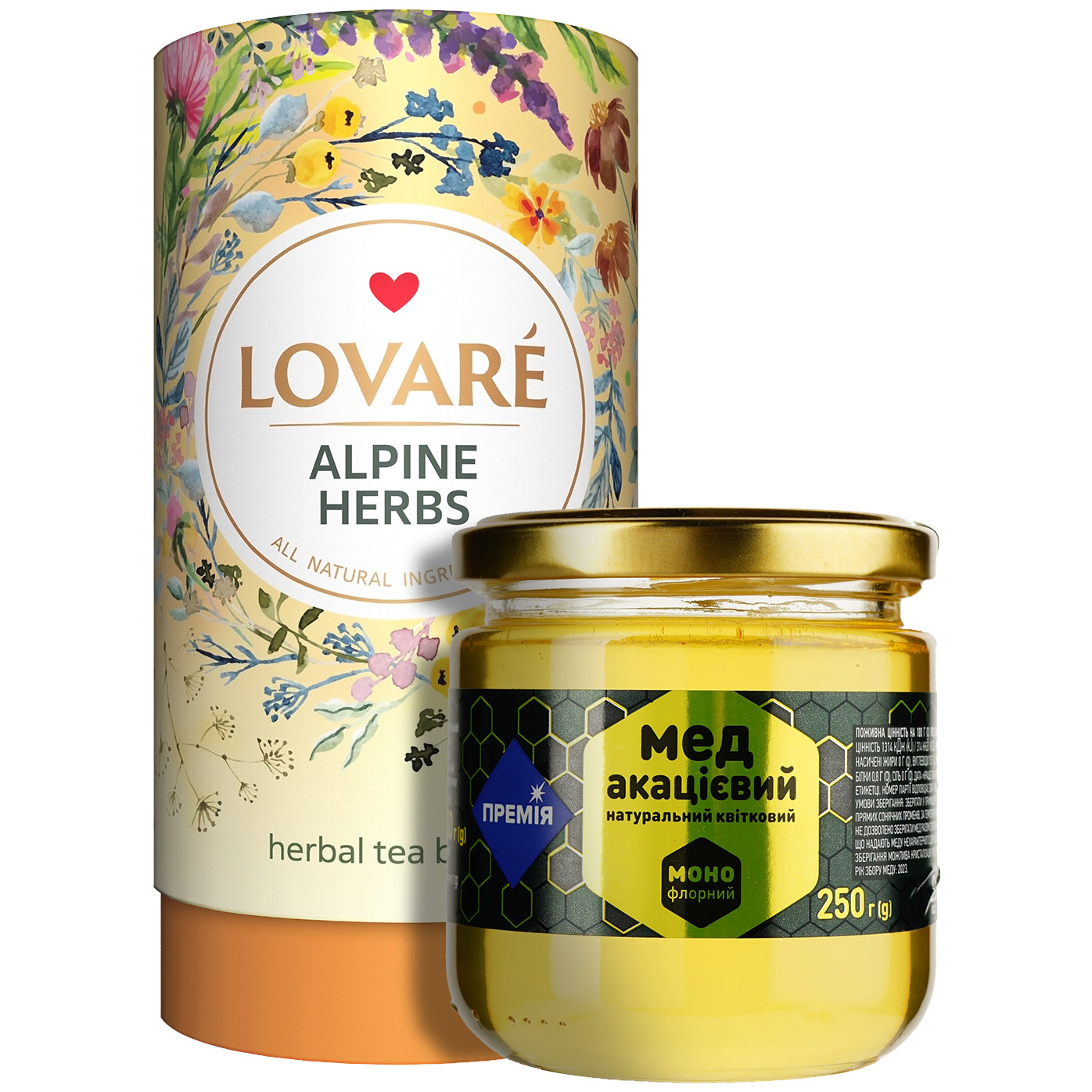 Набір: Суміш трав'яного чаю Lovare Alpine Herbs 80 г + Мед Премія Акацієвий натуральний квітковий 250 г - фото 1