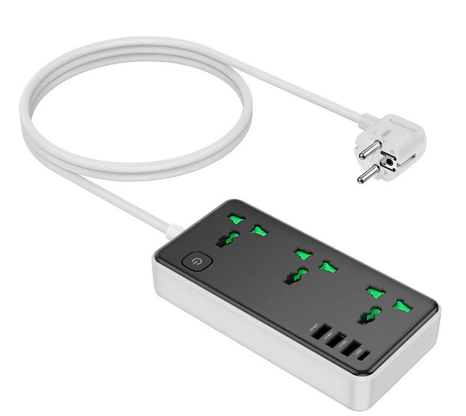 Мережевий фільтр подовжувач Hoco AC7-A 3 розетки + 3 USB+USB-C 17W 220В кабель 15м Black-White - фото 2