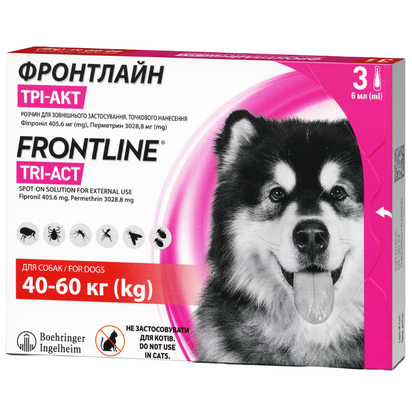 Краплі Boehringer Ingelheim Frontline Tri-Act від бліх та кліщів для собак, 40-60 кг, 3 піпетки + Плед для пікніка Frontline, темно-синій - фото 2