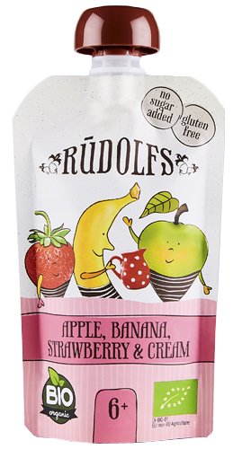 Пюре Rudolfs Pouch Смузі яблуко-банан-полуниця з вершками, 110 г, 6 шт. - фото 1