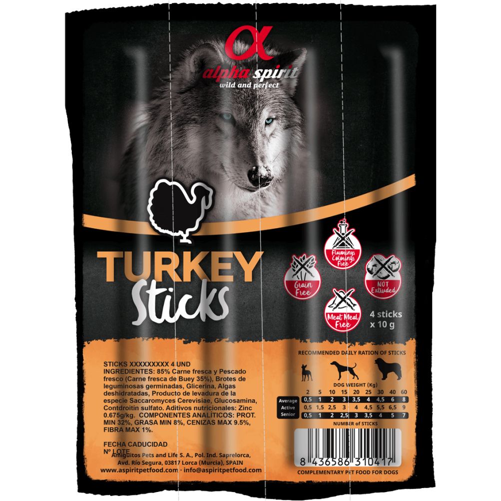 Напіввологі ласощі для собак Alpha Spirit Sticks Turkey, палички з індички, 4 шт., 40 г - фото 1