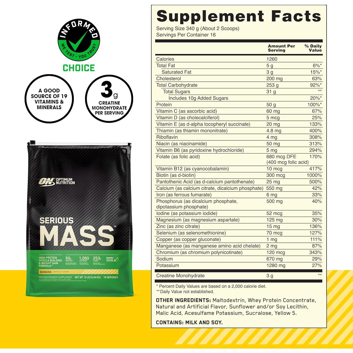 Гейнер Optimum Nutrition Serious Mass Banana 5.443 кг - фото 2