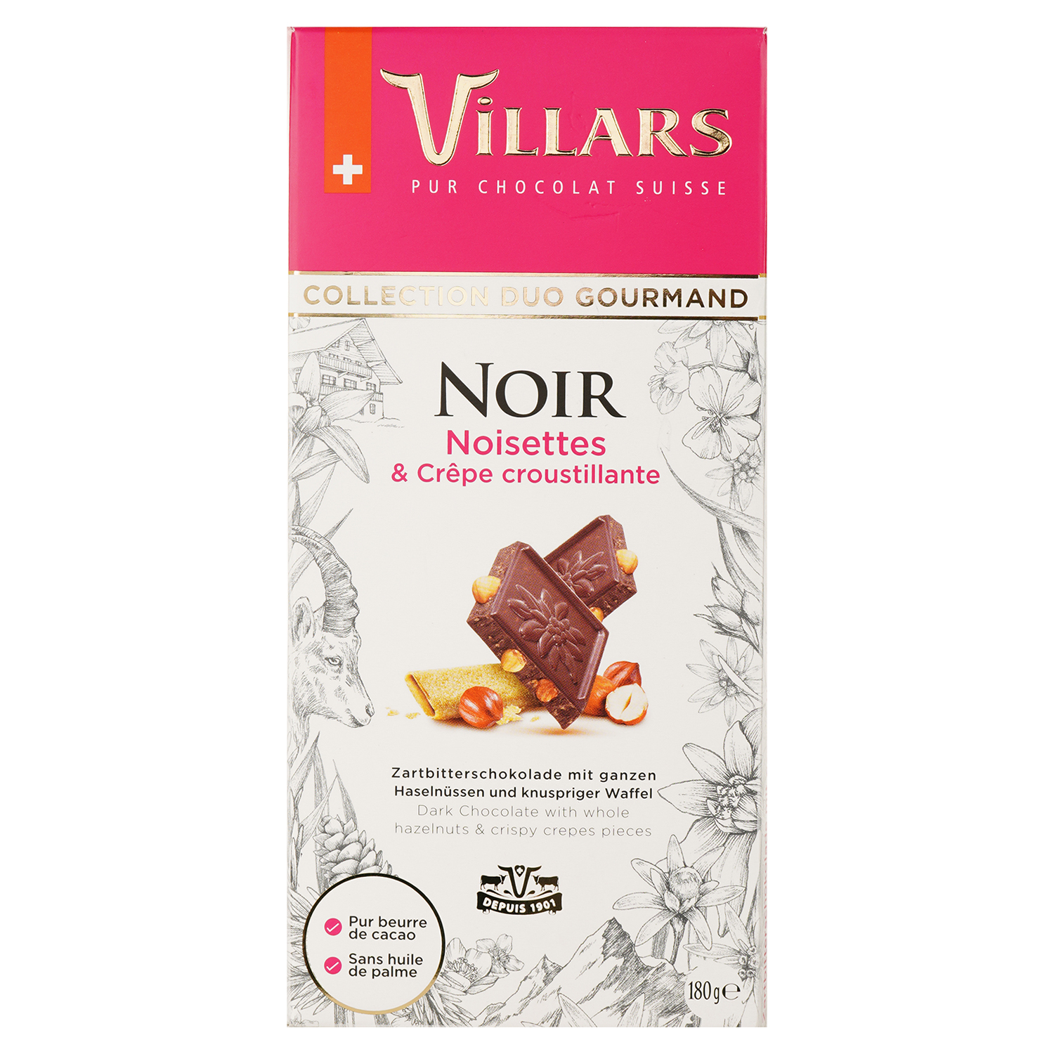 Шоколад черный Villars Collection Duo Gourmand Noir Noisettes & Crepe Croustillante с фундуком и кусочками печенья 180 г - фото 1