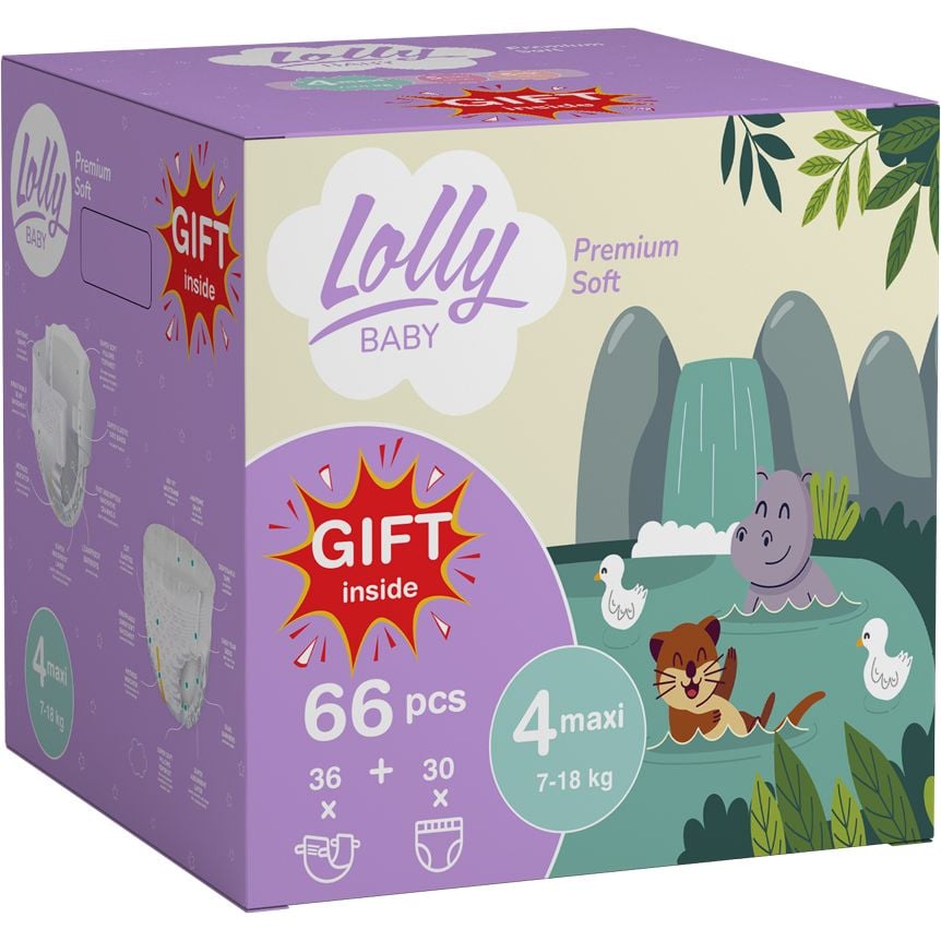 Набір Lolly Premium Soft 4 (7-18 кг): підгузки 36 шт. + підгузки-трусики 30 шт. + вологі серветки 80 шт. в подарунок - фото 1