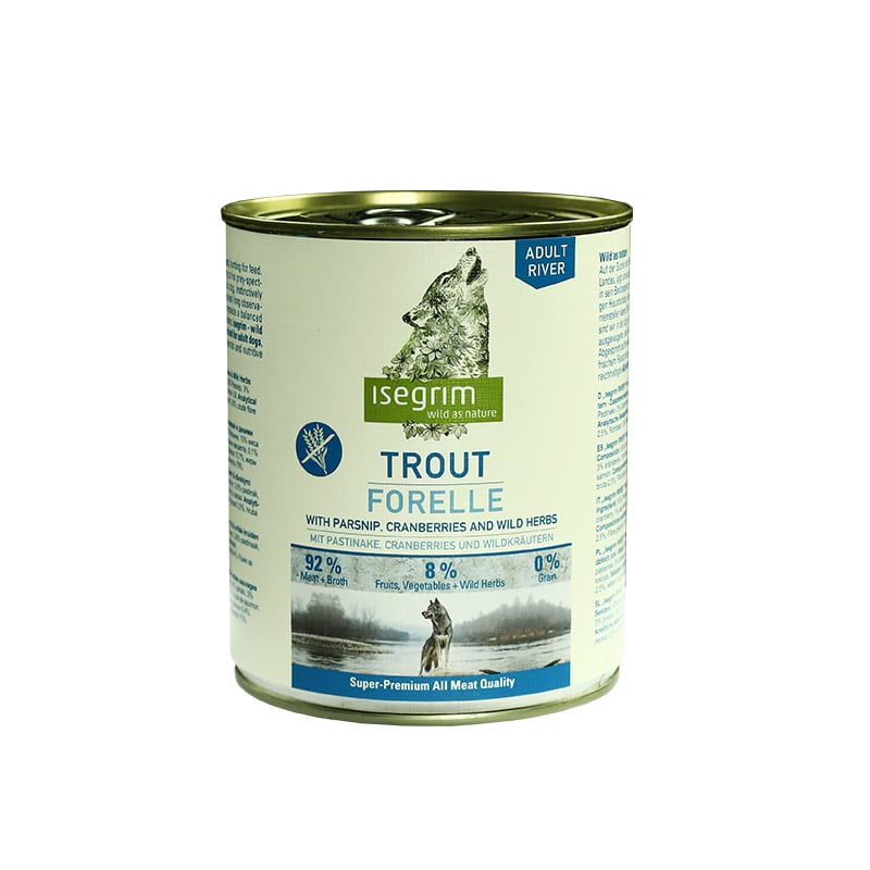 Влажный корм для взрослых собак Isegrim Adult Trout with Parsnip, Cranberries, Wild Herbs Форель с пастернаком, клюквой и дикорастущими травами, 800 г - фото 1