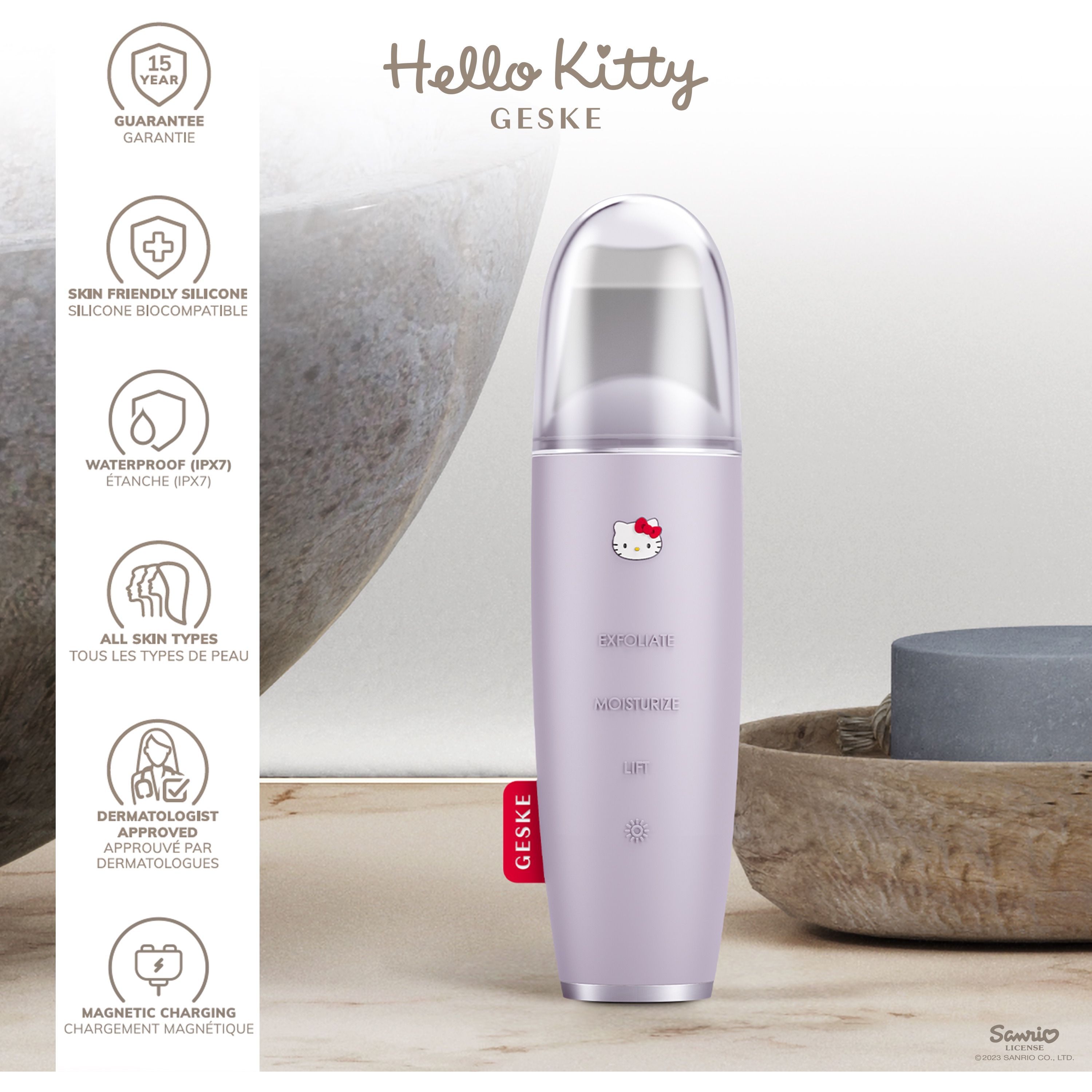 Микротоковый скрабер для кожи и устранения черных точек GESKE MicroCurrent Skin Scrubber & Blackhead Remover 9 в 1 Hello Kitty фиолетовый - фото 5