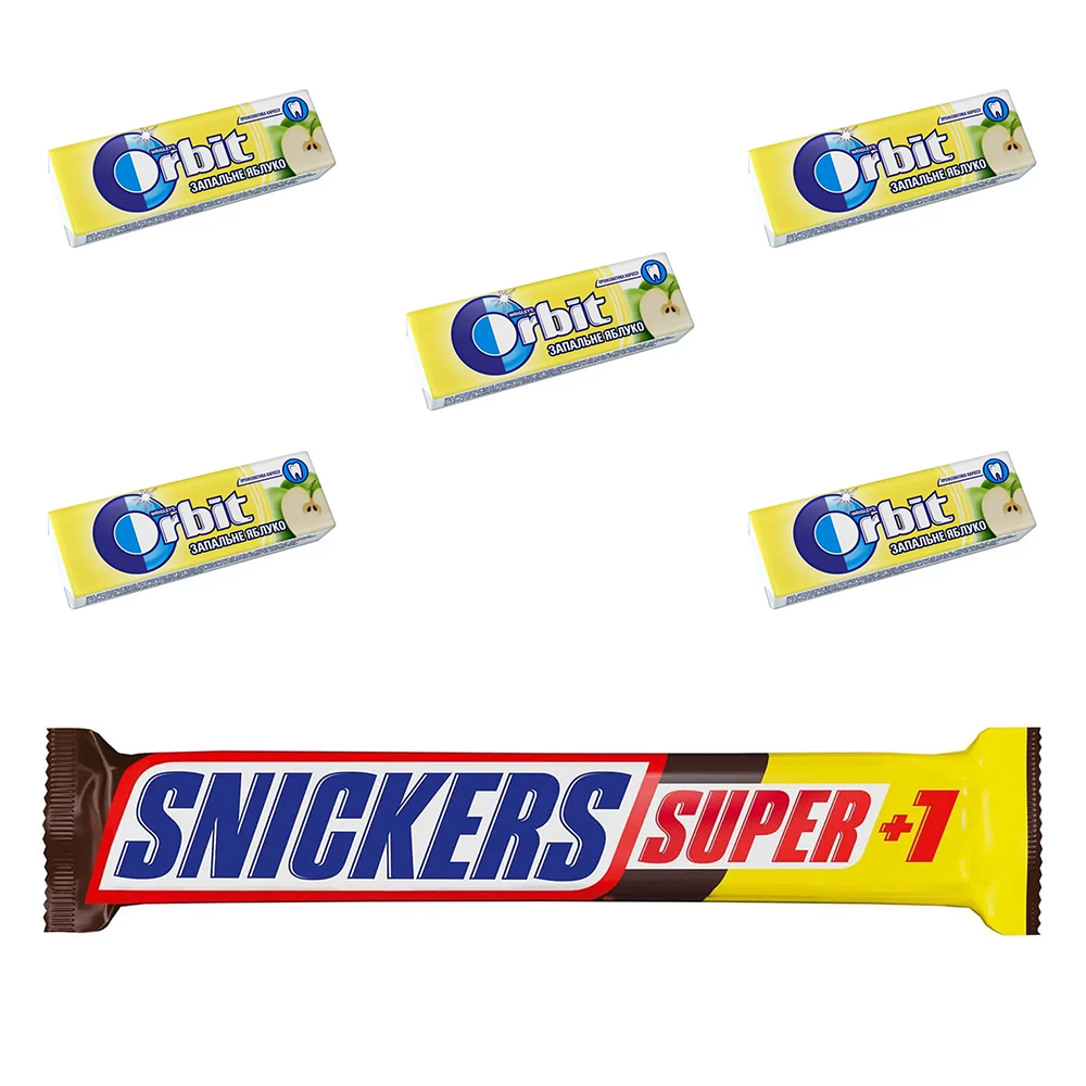 Набір: батончик Snickers Super +1 з арахісом 112 г + гумка жувальна Orbit Запальне яблуко 14 г 5 шт. - фото 1