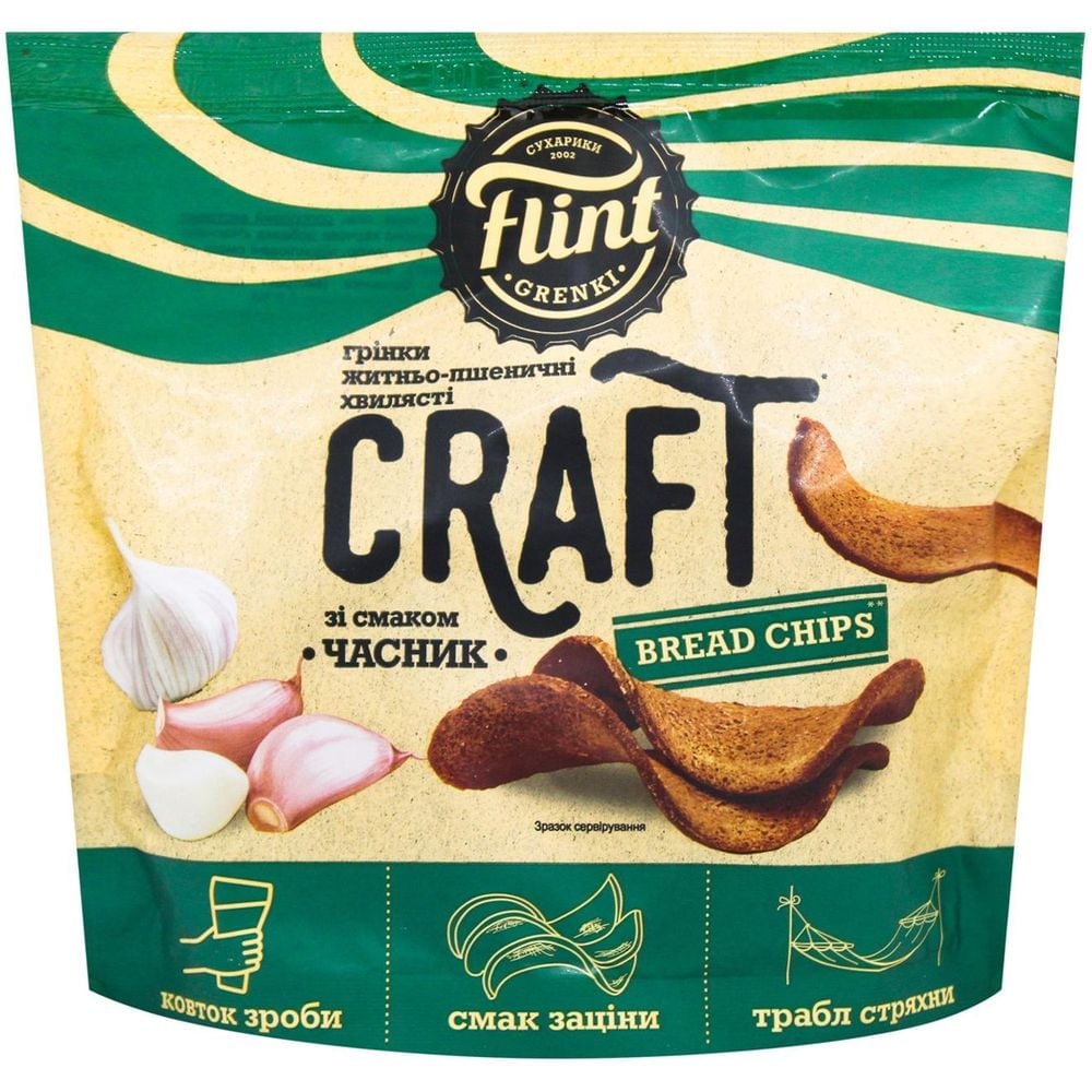 Грінки Flint Craft Житньо-пшеничні хвилясті зі смаком часнику 90 г (929711) - фото 1