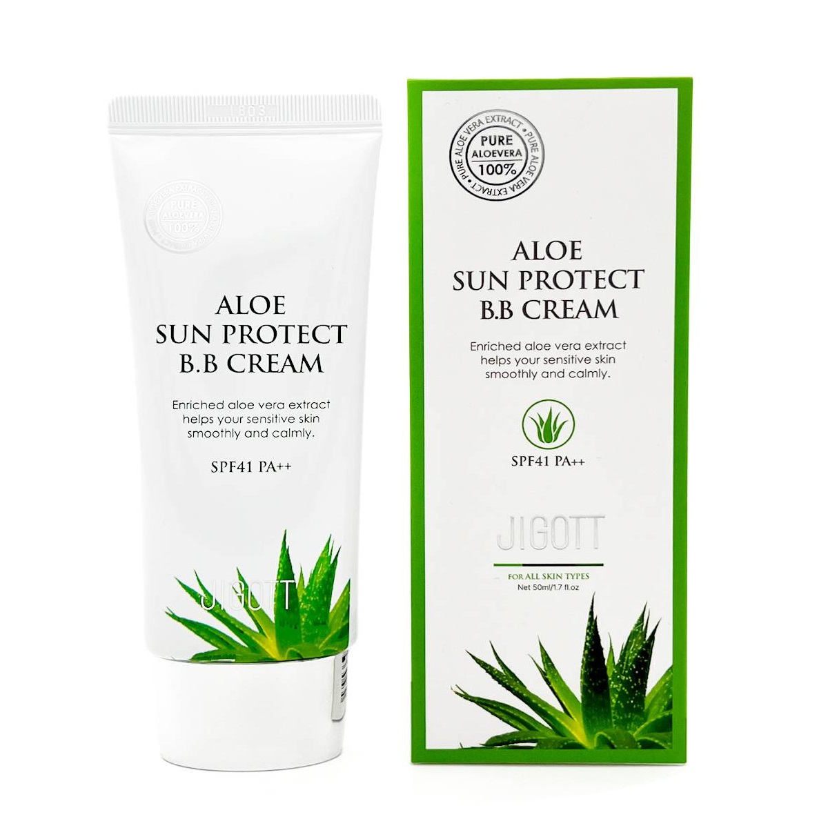 Тональний крем для обличчя Jigott Aloe Sun Protect BB Cream SPF41 PA++ з алое вера, 50 мл - фото 1