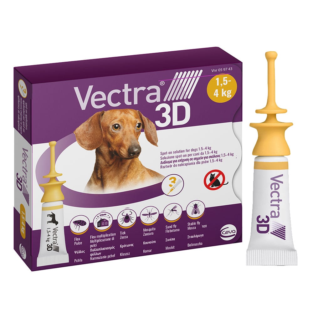 Краплі на холку для собак від 1,5 до 4 кг CEVA Vectra 3D, від зовнішніх паразитів, 1 упаковка (3 піпетки по 0,8 мл) - фото 1