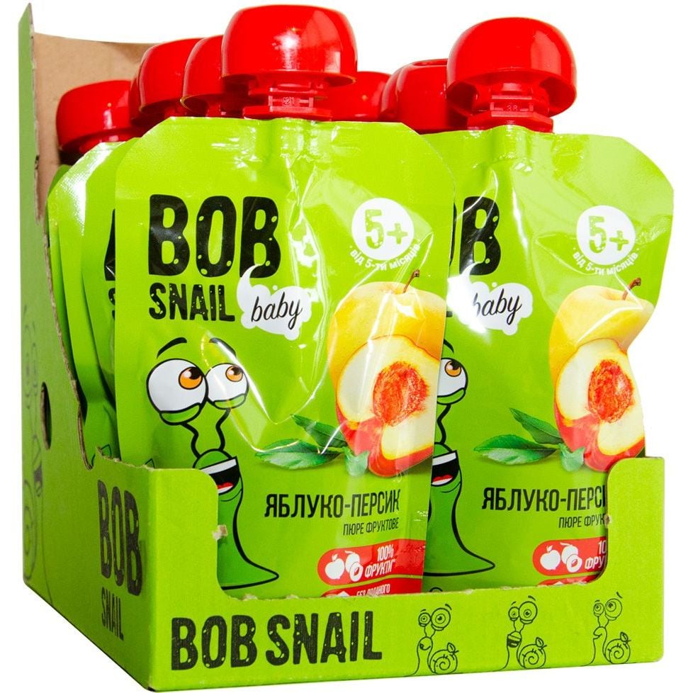 Пюре фруктове Bob Snail Яблуко-Персик, пастеризоване 900 г (10 шт. по 90 г) - фото 1