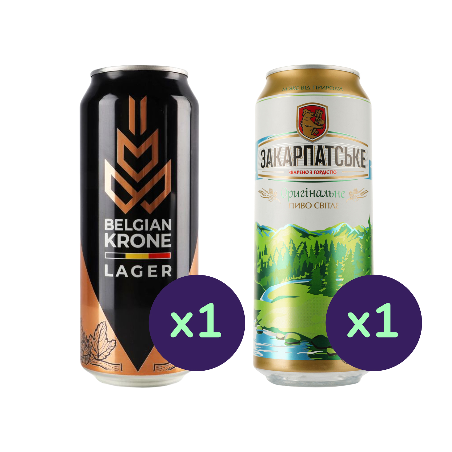 Набір: пиво Belgian Krone Lager світле 5.4% 0.5 л з/б + пиво Перша приватна броварня Закарпатське Оригінальне світле 4.1% 0.5 л з/б - фото 1