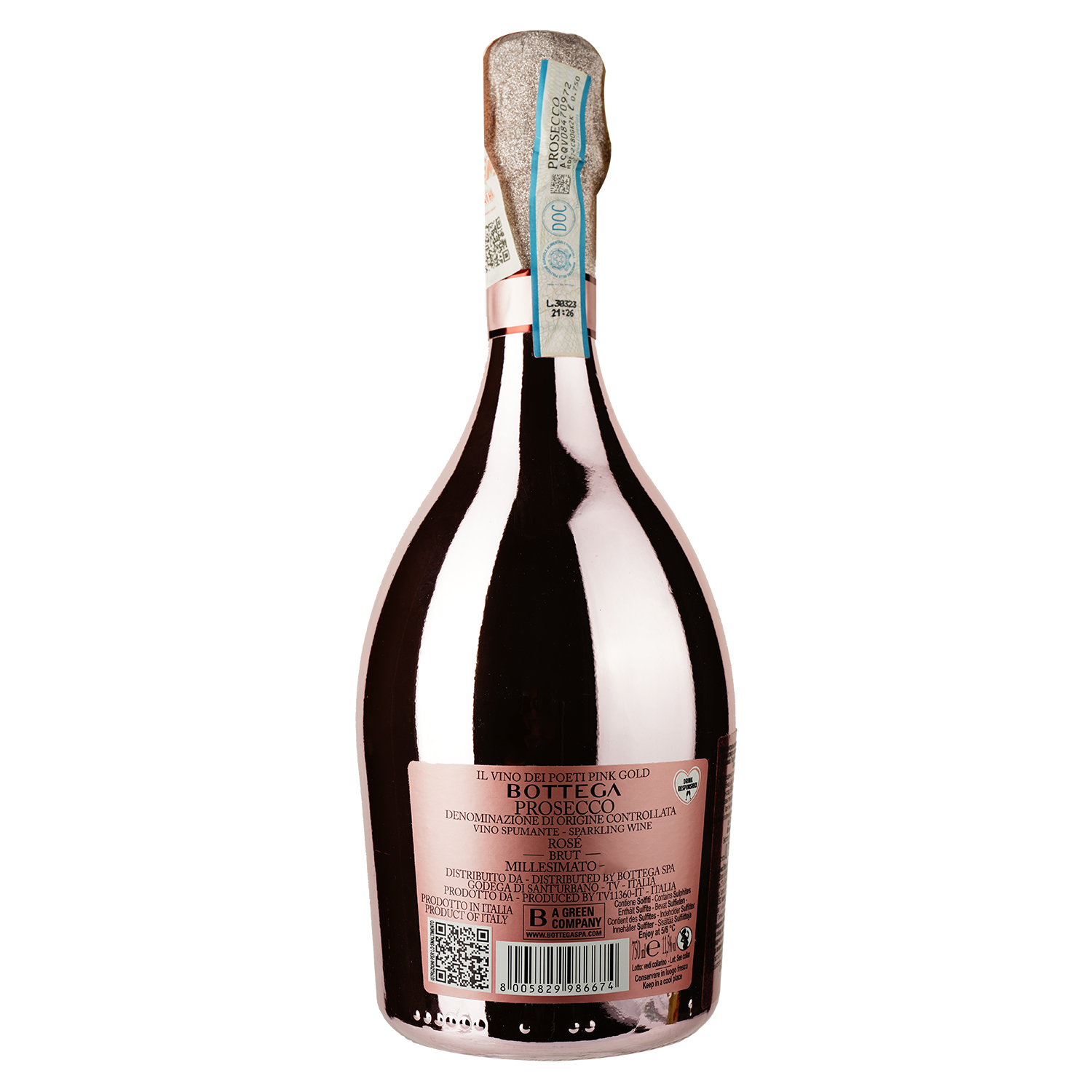 Вино игристое Bottega Prosecco Pink Gold Rose Doc, 11,5%, 0,75 л (872783) - фото 2