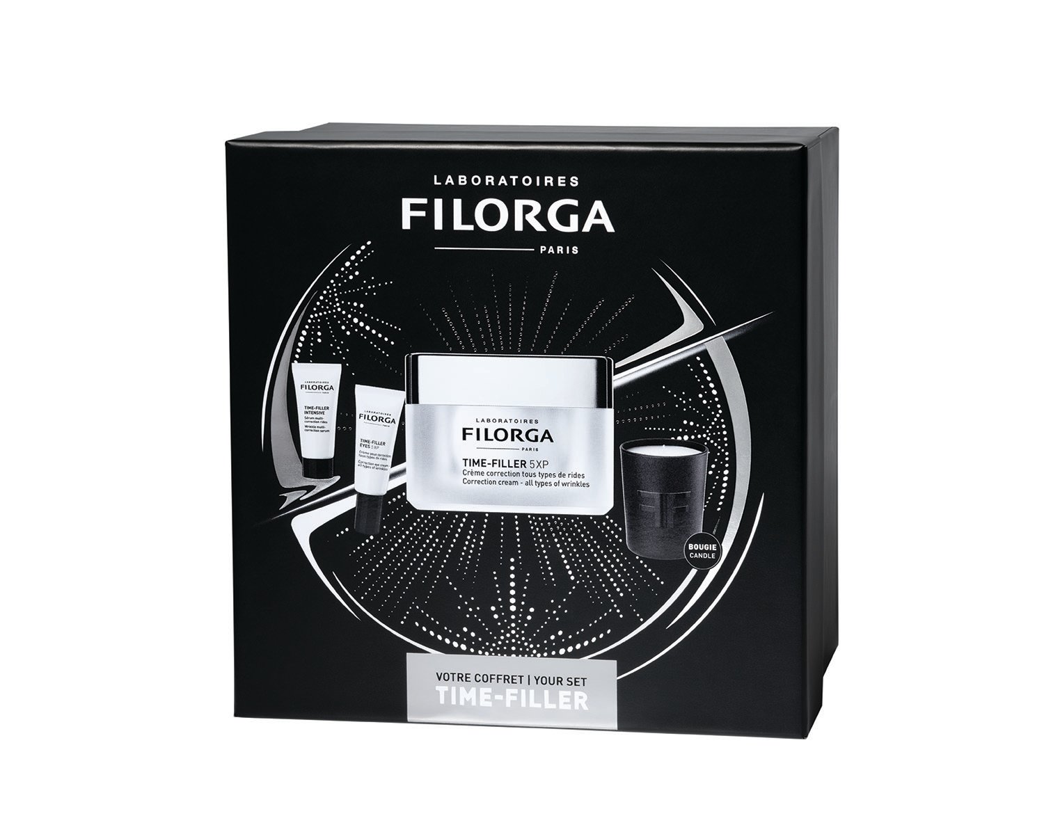 Новорічний набір Filorga Time-Filler: крем для обличчя Time-Filler 5XP 50 мл + сироватка для обличчя Time-Filler Intensive 7 мл + коригувальний крем для очей Time-Filler Eyes 5XP 4 мл + свічка - фото 2