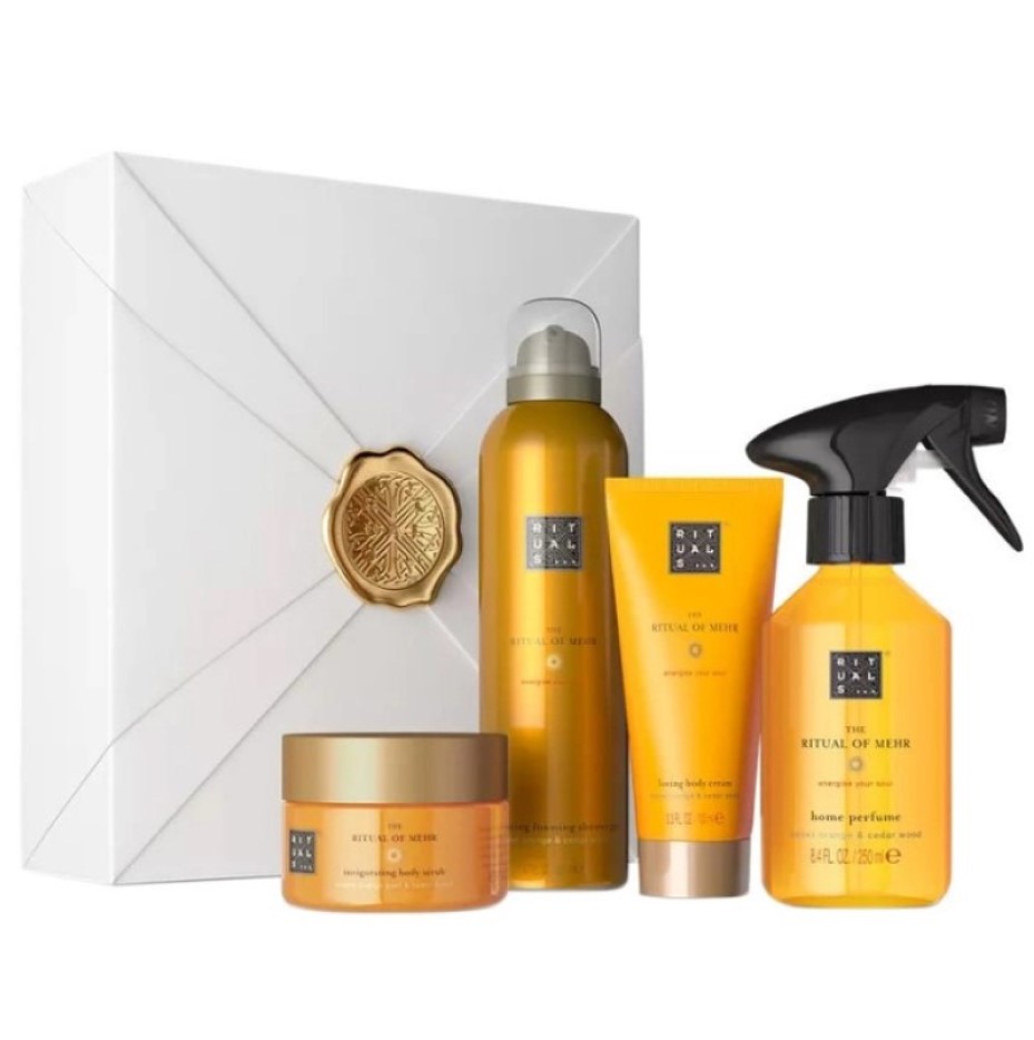 Подарунковий набір Rituals The Ritual Of Mehr Medium Gift Set: аромат для дому Home Perfume 250 мл + гель-піна для душу Foaming Shower Gel 200 мл + скраб для тіла Body Scrub 125 г + крем для тіла Body Cream 100 мл - фото 1