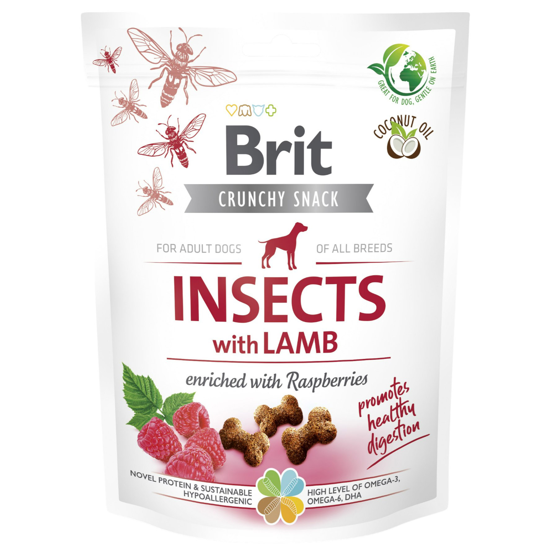 Лакомство для собак Brit Care Dog Crunchy Snack Insects with Lamb для пищеварения, насекомые, ягненок и малина 200 г - фото 1