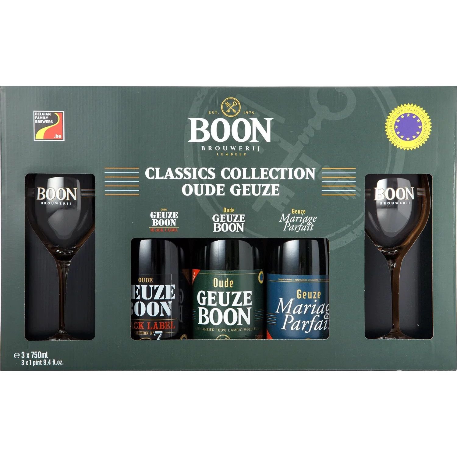 Набор пива Classics Collection Geuze Brouwerij Boon, 6,5-8%, 2,25 л (3 шт. по 0,75 л) + 2 бокала, в подарочной коробке - фото 1