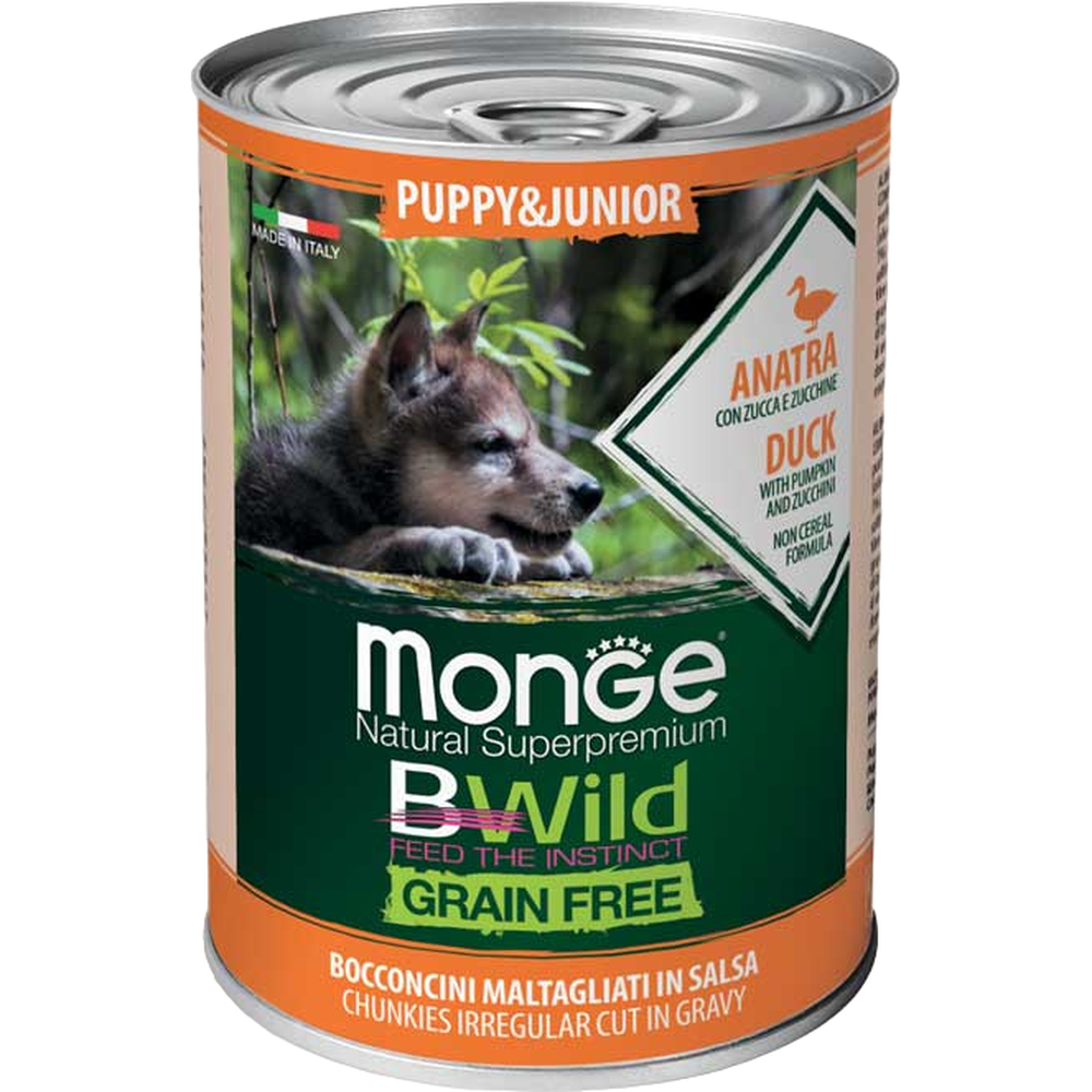 Влажный корм для щенков Monge Dog Wet Bwild Puppy&Junior, утка, тыква и цуккини, 400 г - фото 1