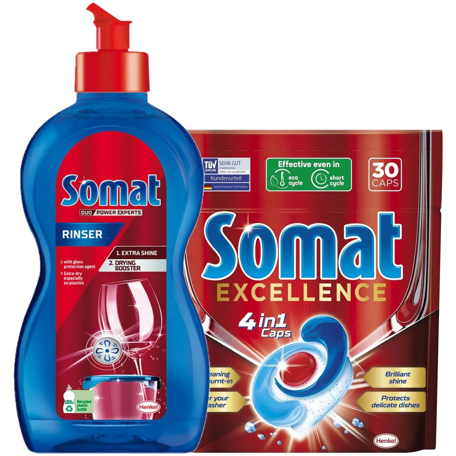Набор Somat для посудомоечных машин: Ополаскиватель Somat Тройное действие, 500 мл + Таблетки для мытья посуды Somat Exellence, 30 таблеток - фото 1