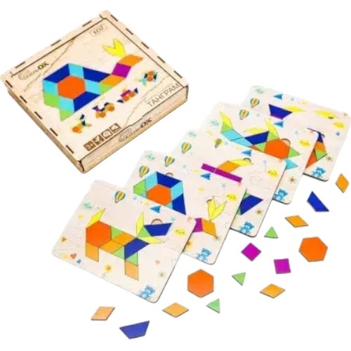 Деревянная головоломка для детей PuzzleOk Танграм 5 рисунков в упаковке - фото 1