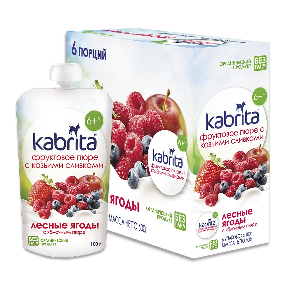 Пюре Kabrita Pouch Лісові ягоди з яблучним пюре та козячими вершками, 600 г (6 упаковок по 100 г) - фото 1