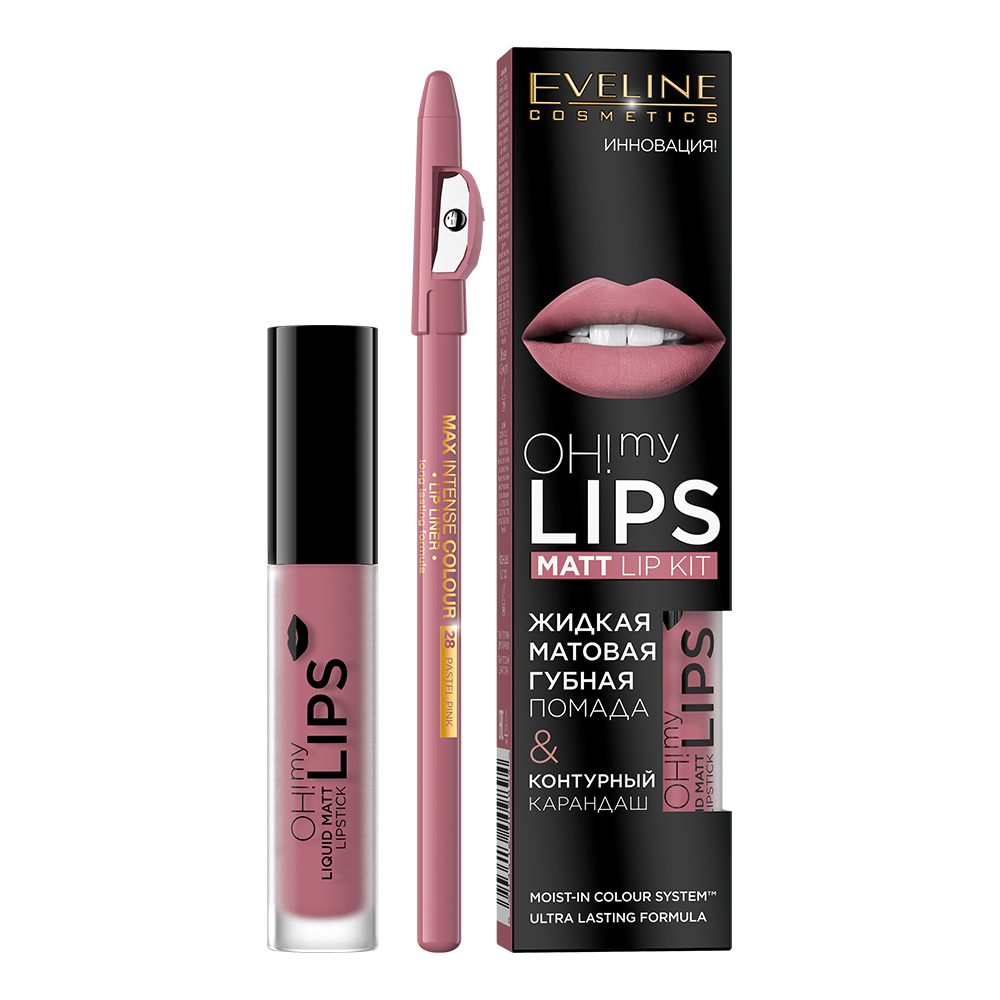 Набір Eveline №9: матова губна помада Oh My Lips, відтінок 09, 4,5 мл + контурний олівець для губ Max Intense Colour, відтінок 28 (Pastel Pink), 1,2 г (LBL4LIPSK09) - фото 1