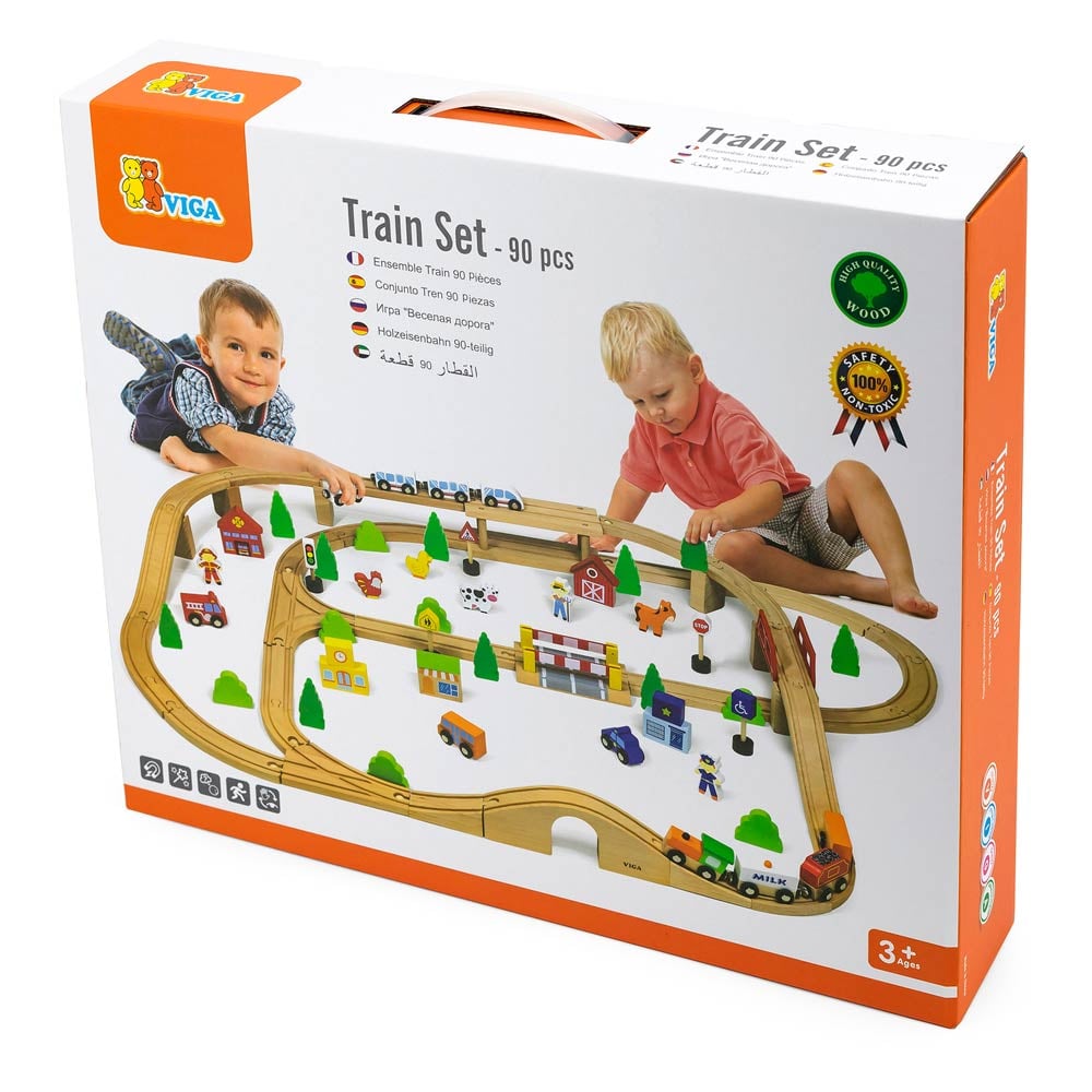 Деревянная железная дорога Viga Toys Train Set, 90 деталей (50998) - фото 4