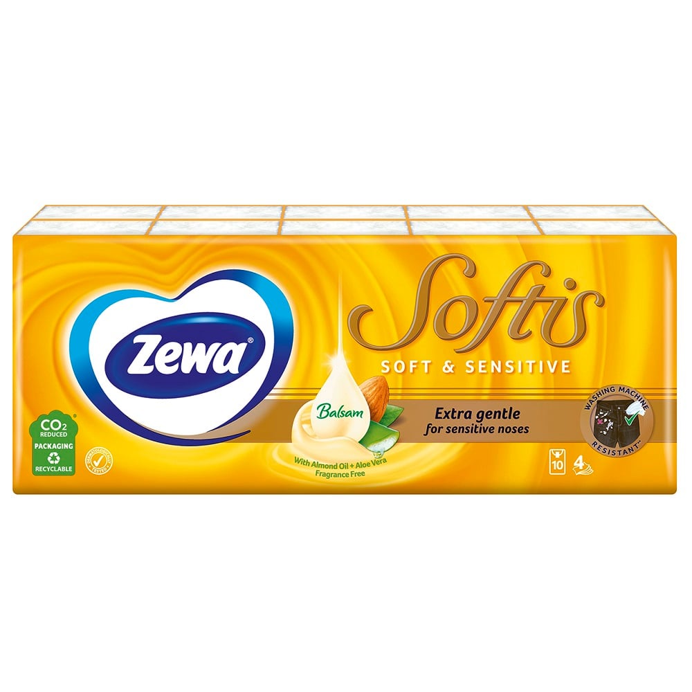 Носовые платки Zewa Softis Soft&Sensitive, четырехслойные, 10 уп. по 9 шт. (830422) - фото 1