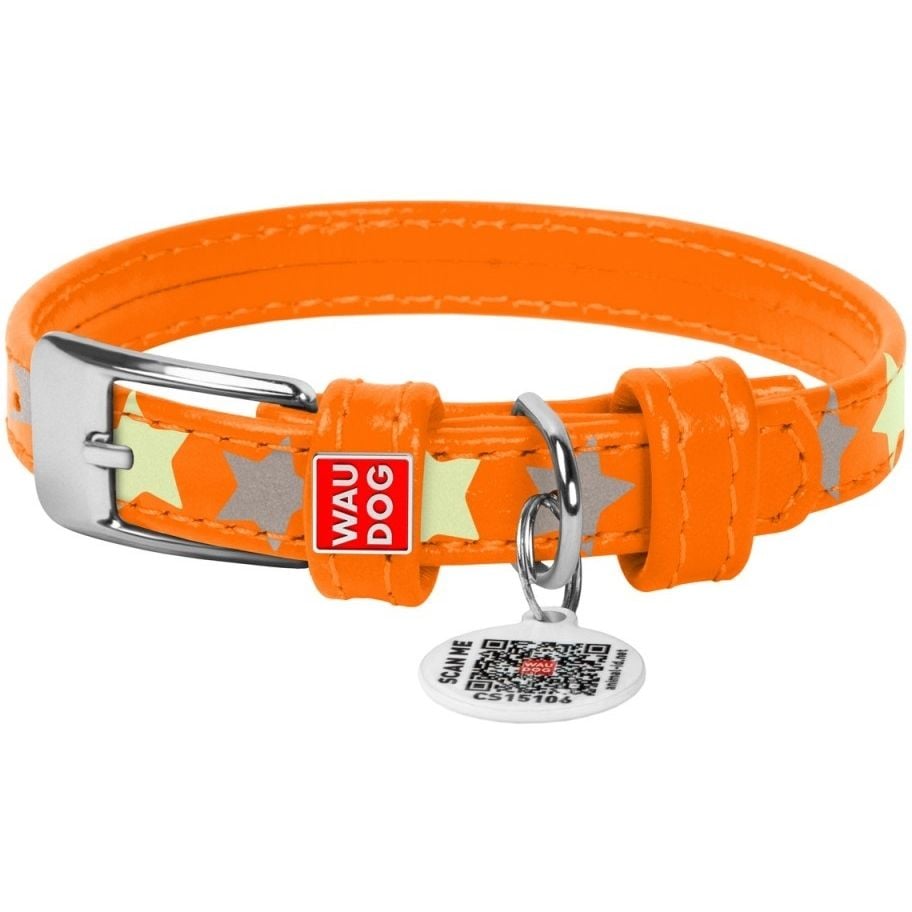 Ошейник для собак Waudog Glamour Звездочка, кожаный, светоотражающий, светонакапливающий, с QR паспортом, XXS, 19-25х1,2 см, оранжевый - фото 1