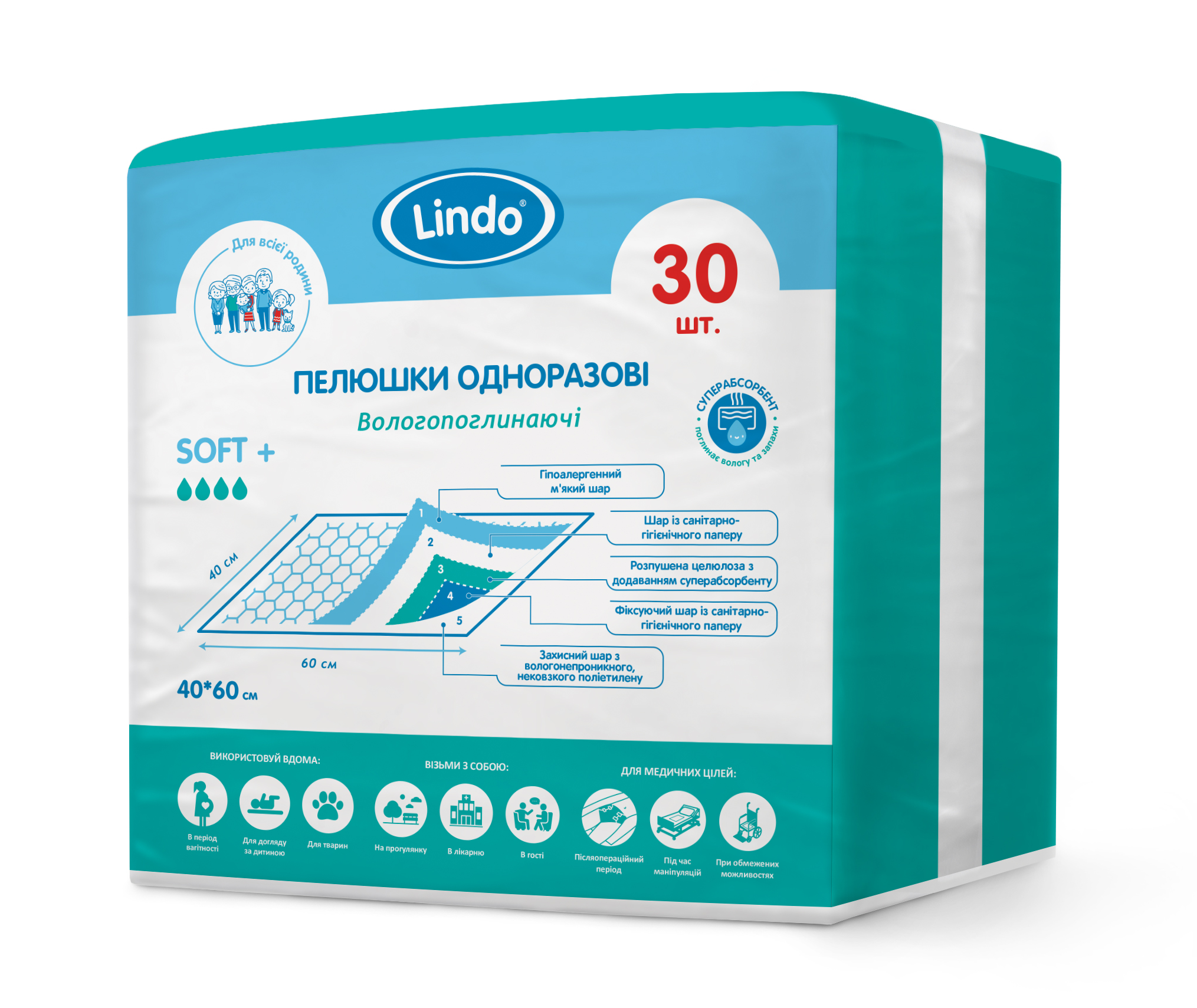 Одноразові гігієнічні пелюшки Lindo, вологопоглинаючі, 40х60 см, 30 шт. (U 51802) - фото 2