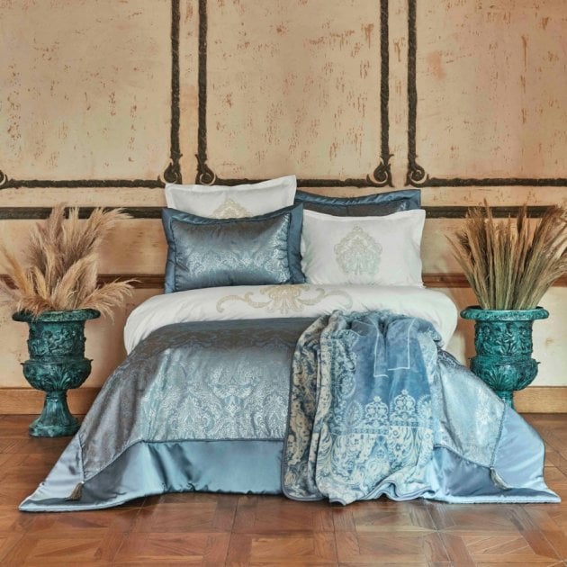 Набор постельное белье с покрывалом и пледом Karaca Home Ofelia mavi, евро, голубой, 10 предметов (svt-2000022273169) - фото 1