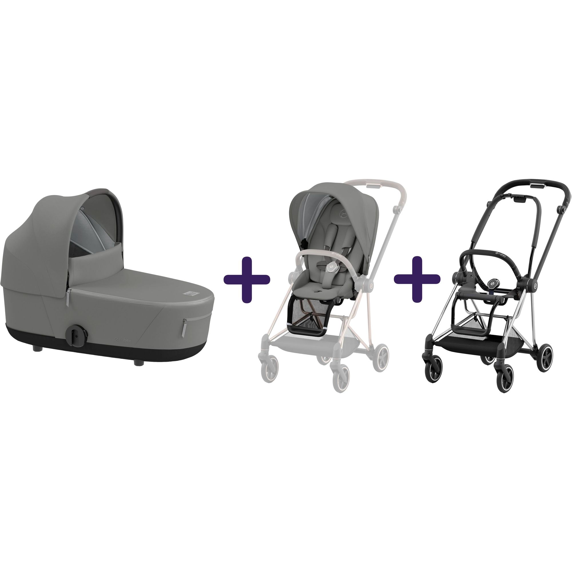 Люлька Cybex Mios Lux Soho Grey + Текстиль для прогулочного блока Cybex Mios Soho Grey + Шасси для коляски Cybex Mios LS RBA Chrome Black - фото 1