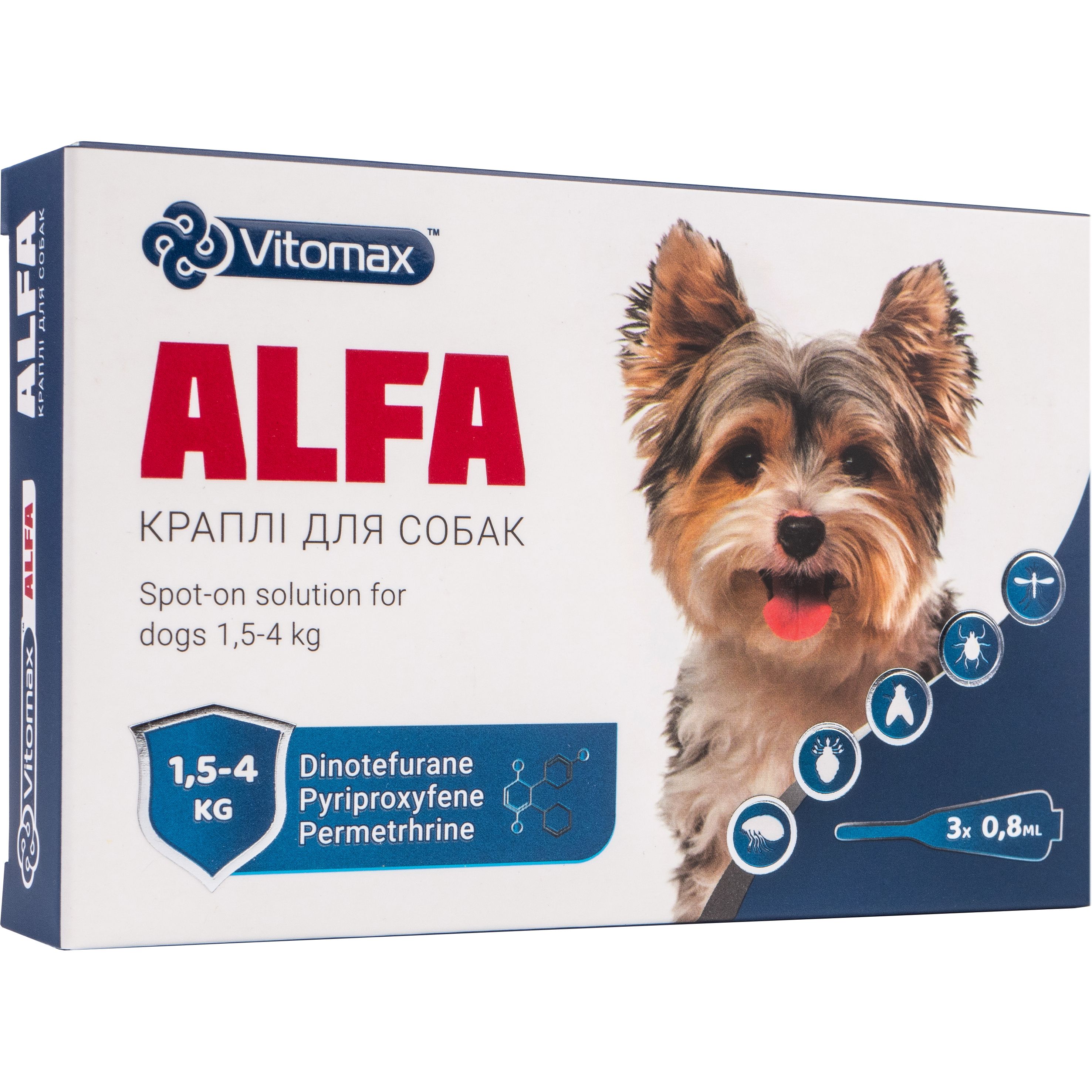 Краплі на холку Vitomax Alfa протипаразитарні для собак 1.5-4 кг, 0.8 мл, 3 піпетки - фото 1