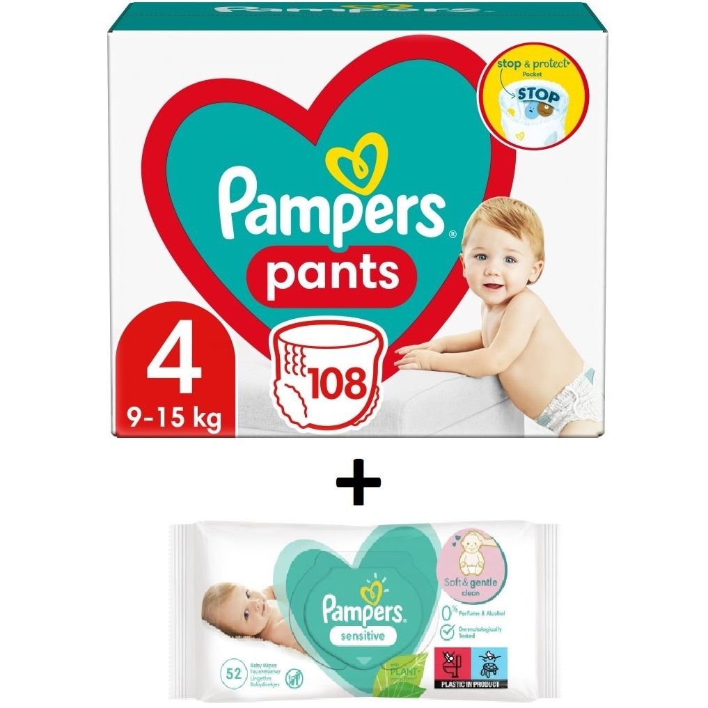 Набор Pampers: Подгузники-трусики Pampers Pants 4 (9-15 кг), 108 шт. + Детские влажные салфетки Pampers Sensitive, 52 шт. - фото 1