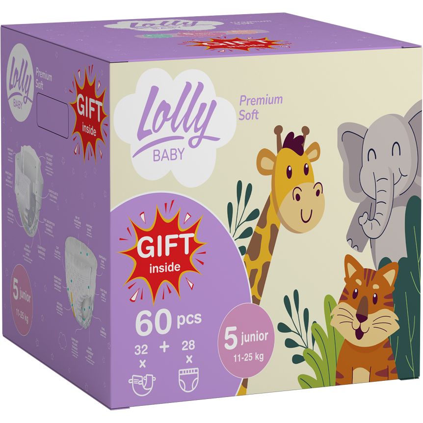 Набор Lolly Premium Soft 5 (11-25 кг): подгузники 32 шт. + подгузники-трусики 28 шт. + влажные салфетки 80 шт. в подарок - фото 1