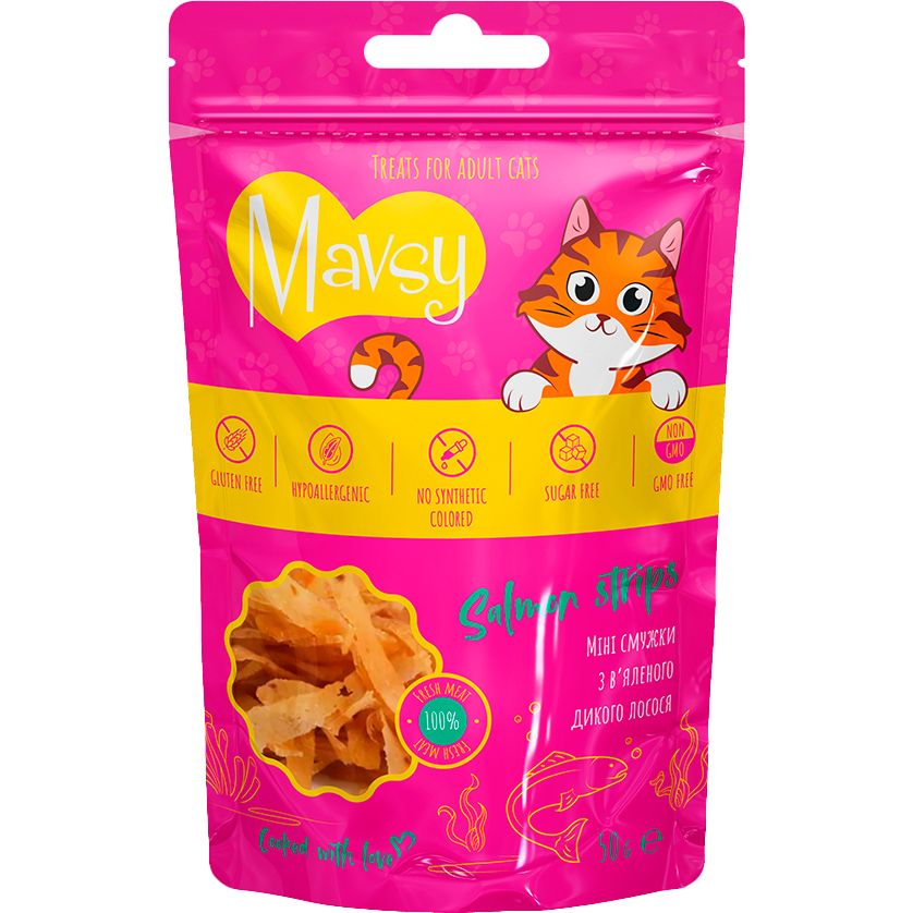 Ласощі для котів Mavsy Salmon Strips з в’яленого дикого лосося 50 г - фото 1