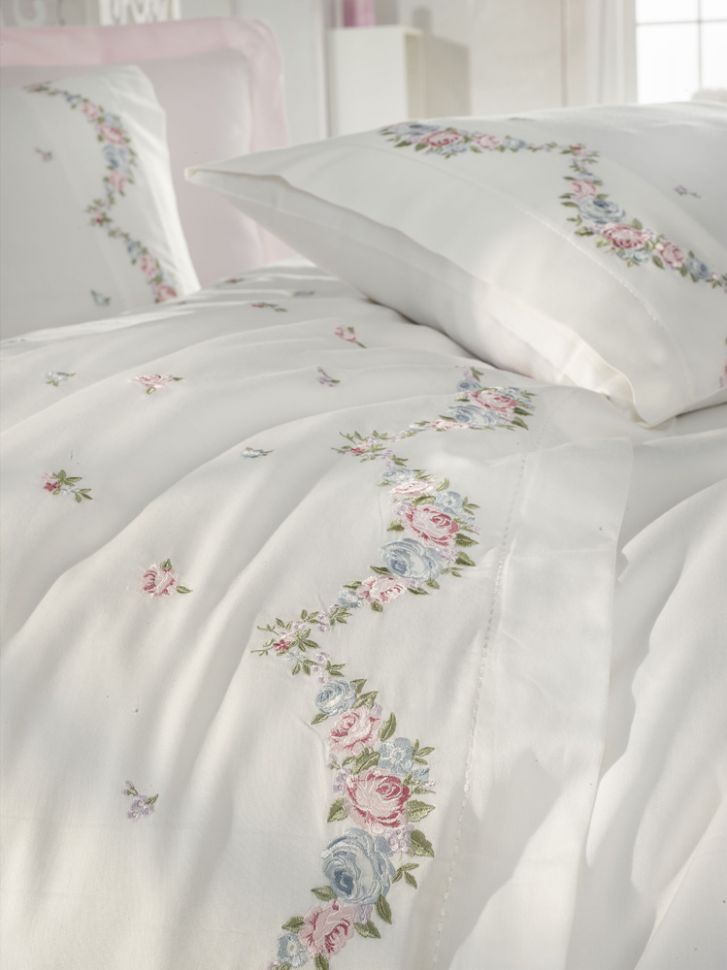 Комплект постельного белья Dantela Vita Lara krem сатин с вышивкой евро кремовый (svt-2000022302999) - фото 2