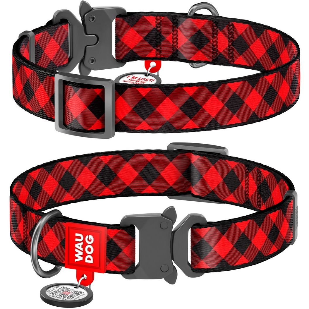 Ошейник для собак Waudog Nylon Шотландка красная, c QR паспортом, металлическая пряжка-фастекс, 35-58х2,5 см - фото 3