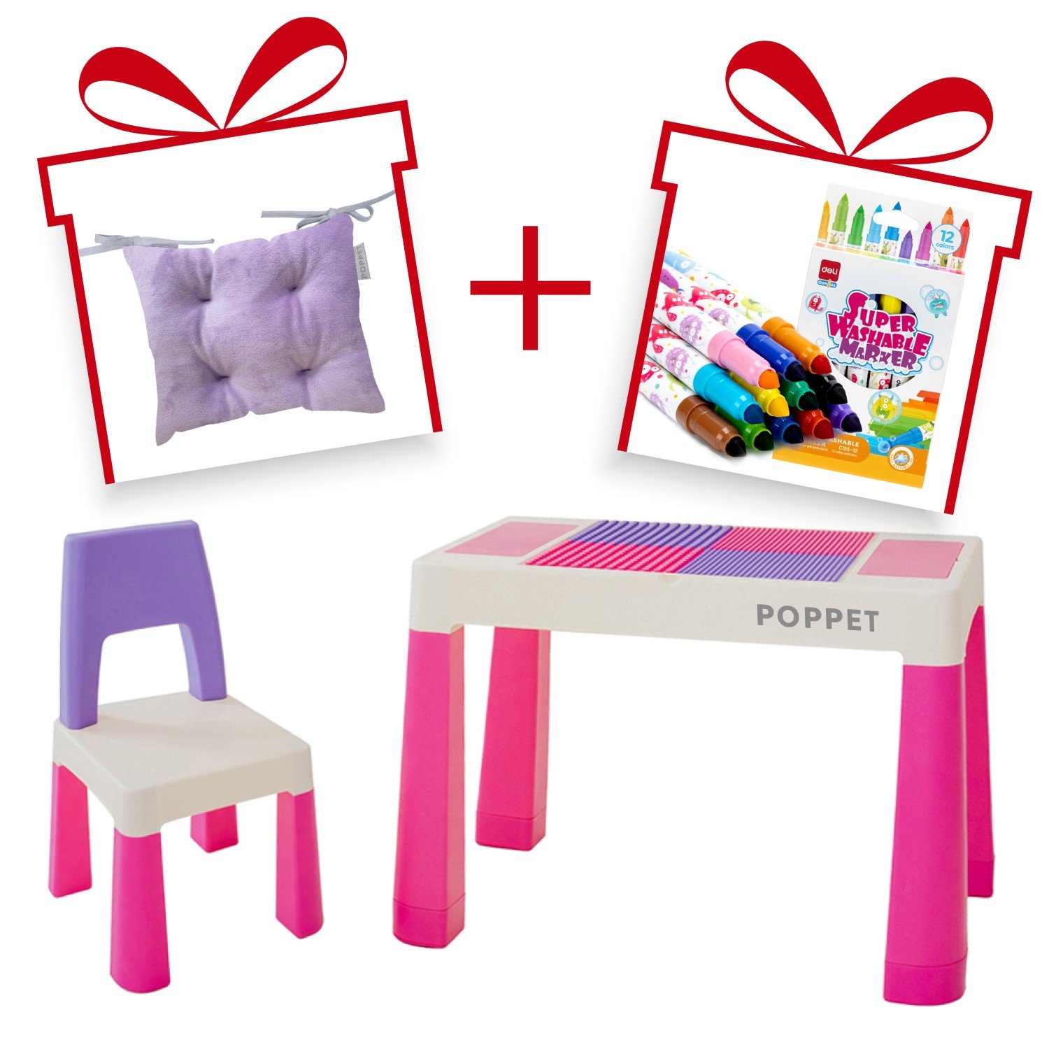 Комплект Poppet Столик Color Pink 5 в 1 + Стілець + Подушка на стілець + Набір фломастерів (PP-002P-G) - фото 1
