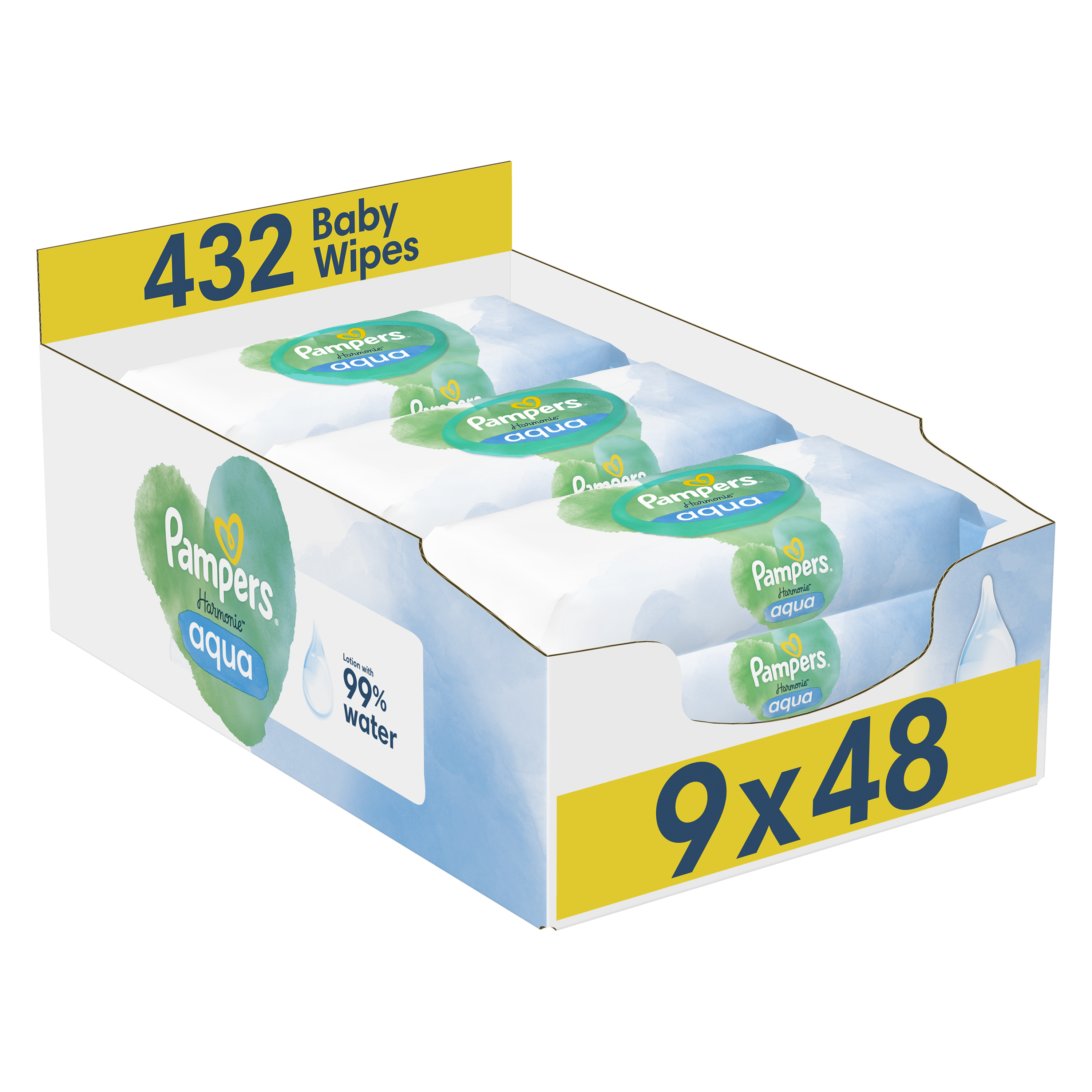 Дитячі вологі серветки Pampers Harmonie Aqua 432 шт. (9 уп. по 48 шт.) - фото 1