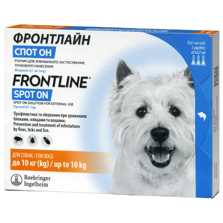 Краплі Boehringer Ingelheim Frontline Spot On від бліх та кліщів для собак та цуценят з 8 тижневого віку, 2-10 кг, 0,67 мл, 1 піпетка (159923-1) - фото 1