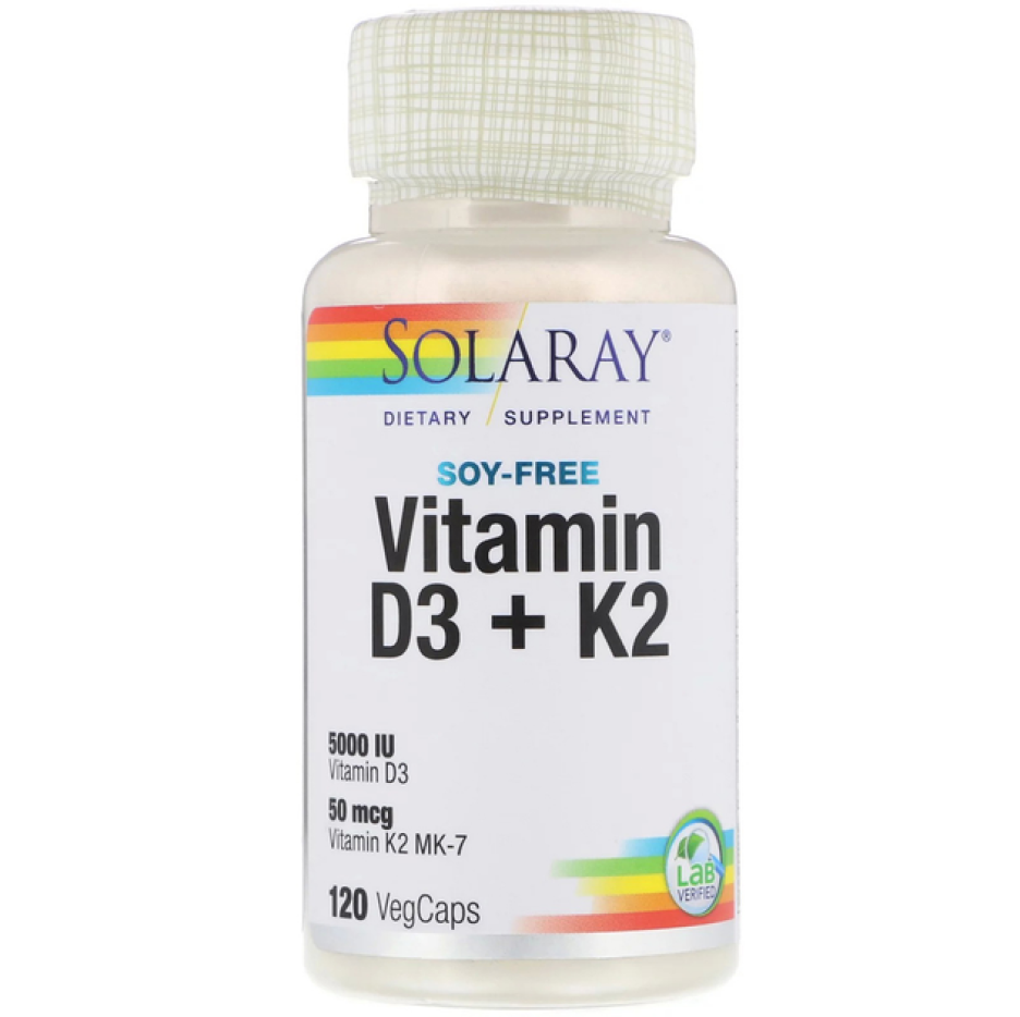 Витамин D3+K2 Solaray Soy-Free Vitamin D3+K2 120 вегетарианских капсул - фото 1