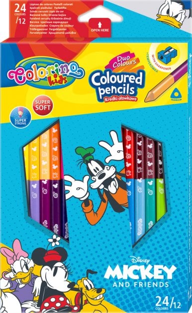 Олівці кольорові Colorino Duo Colors Mickey, двосторонні, з точилкою, 12 шт., 24 кольори (89854PTR) - фото 1