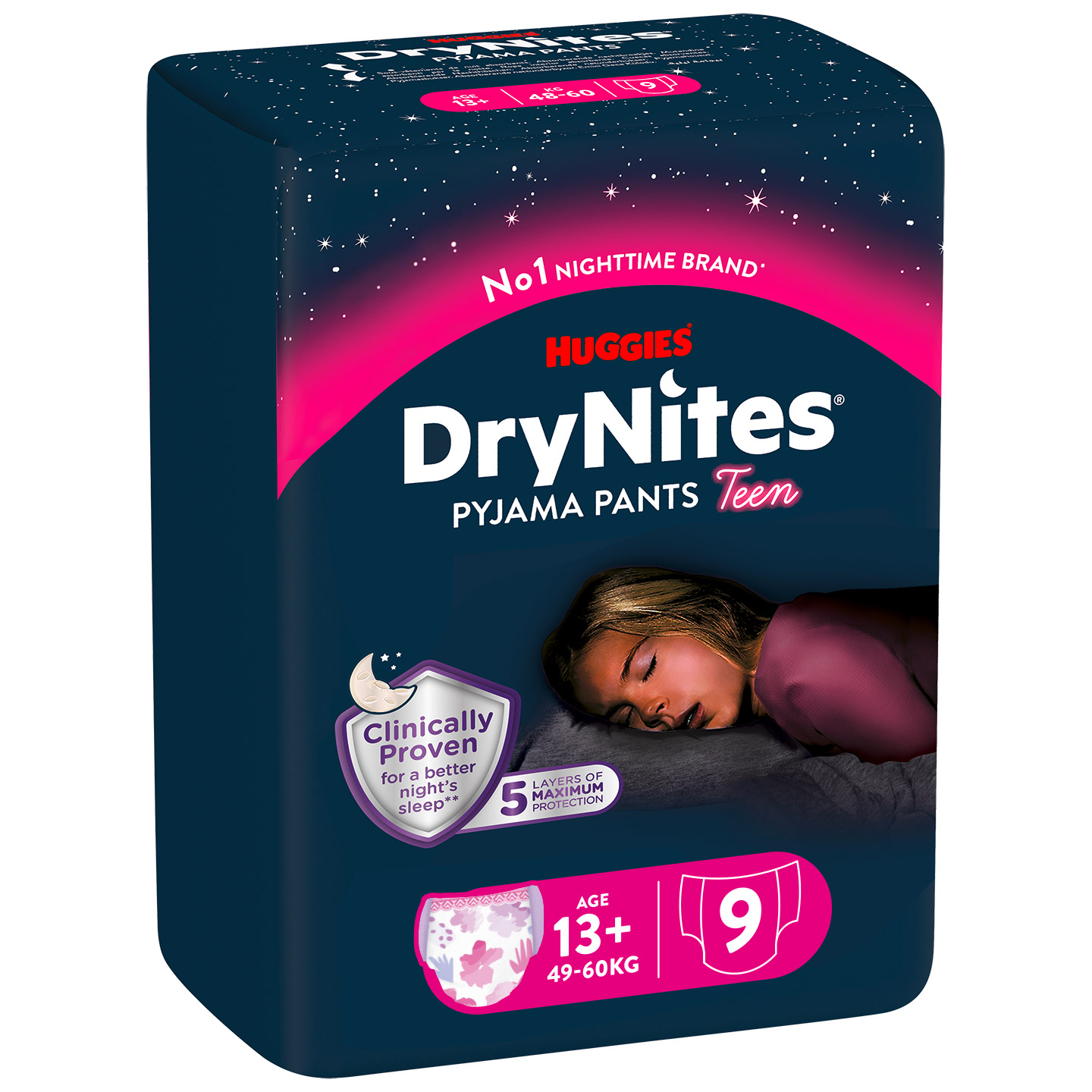 Подгузники-трусики для девочек Huggies DryNites 13+ (49-60 кг) 9 шт. - фото 1