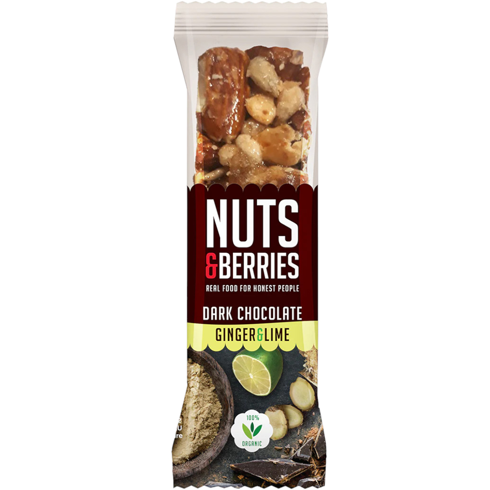 Батончик Nuts & Berries горіховий з імбиром, лаймом та чорним шоколадом органічний 40 г - фото 1