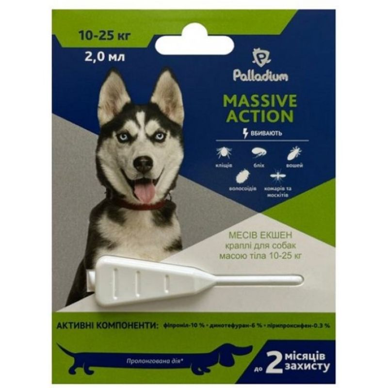 Капли на холку от блох и клещей Palladium Massive Action для собак 10 - 25 кг 1 пипетка 2 мл - фото 1