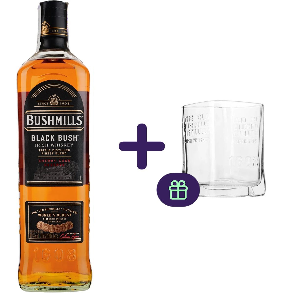 Набір: віскі Bushmills Black, 40%, 0,7 л + склянка Old fashioned для віскі 250 мл - фото 1