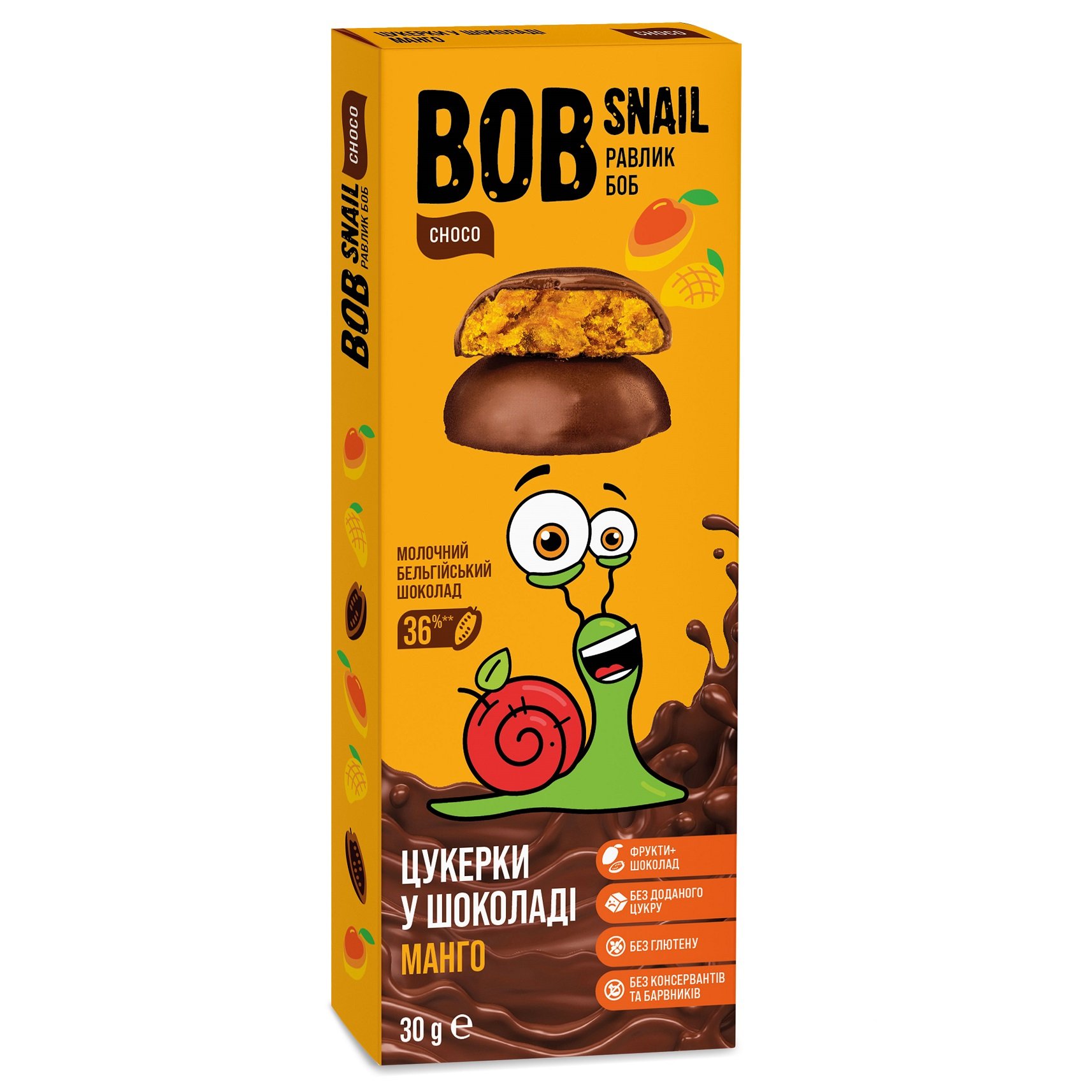 Натуральні цукерки Bob Snail Манго у молочному шоколаді, 30 г - фото 1