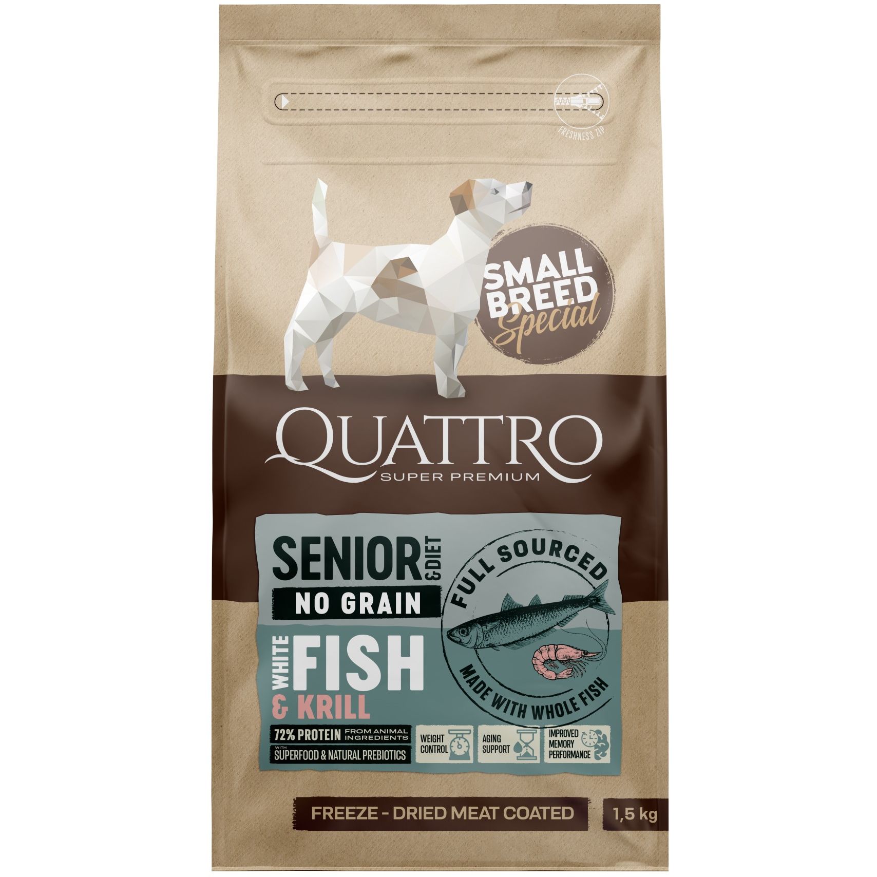 Сухий корм Quattro Senior & Diet Fish Small Breed для собак дрібних порід від 10 років та собак з надмірною вагою з білою рибою та крилем 1.5 кг - фото 1